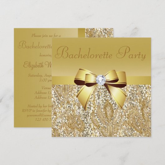 Gouden pailletten, Bow & Diamant Bachelorette Part Kaart (Voorkant / Achterkant)