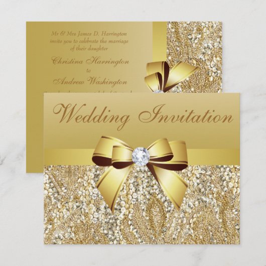 Gouden pailletten, Bow & Diamant bruiloft uitnodig Kaart (Voorkant / Achterkant)