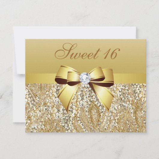 Gouden pailletten, Bow & Diamond Sweet 16 Kaart (Voorkant)