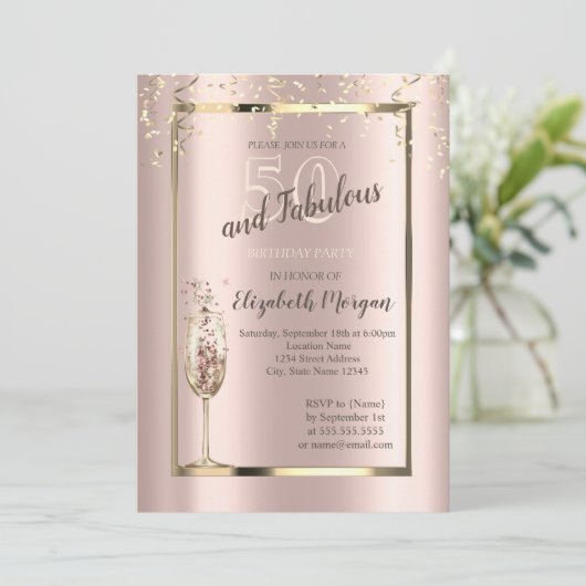 Gouden Pailletten Glitter Champagneglas 50ste Verj Kaart (Staand voorkant)