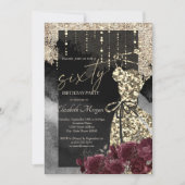 Gouden Pailletten Jurk Bordeaux Rozen 60e Verjaard Kaart (Voorkant)