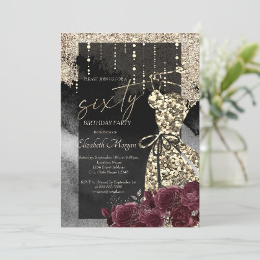 Gouden Pailletten Jurk Bordeaux Rozen 60e Verjaard Kaart (Staand voorkant)