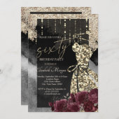 Gouden Pailletten Jurk Bordeaux Rozen 60e Verjaard Kaart (Voorkant / Achterkant)