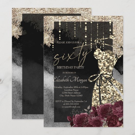 Gouden Pailletten Jurk Bordeaux Rozen 60e Verjaard Kaart (Voorkant / Achterkant)