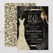 Gouden pailletten jurk donkere Rozen 50ste verjaar Kaart (Voorkant / Achterkant)