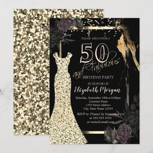 Gouden pailletten jurk donkere Rozen 50ste verjaar Kaart (Voorkant / Achterkant)