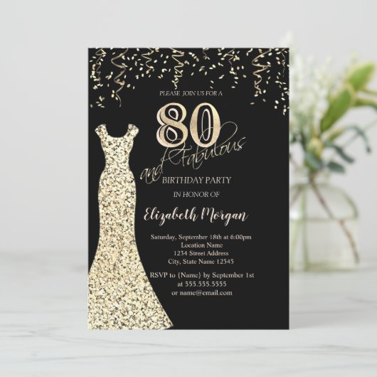 Gouden pailletten jurk glitter rand 80e verjaardag kaart (Staand voorkant)