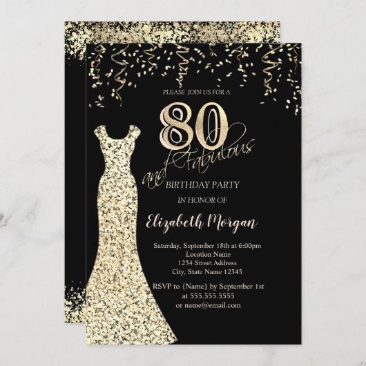 Gouden pailletten jurk glitter rand 80e verjaardag kaart (Voorkant / Achterkant)