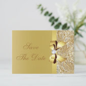 Gouden pailletten, strik en diamant Save the Date- Date (Staand voorkant)
