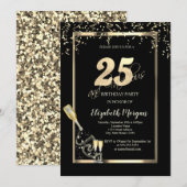 Gouden pailletten, wijnglazen fles 25e verjaardag kaart (Voorkant / Achterkant)