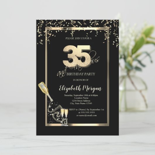 Gouden pailletten, Wijnglazen fles 35e verjaardag Kaart (Staand voorkant)