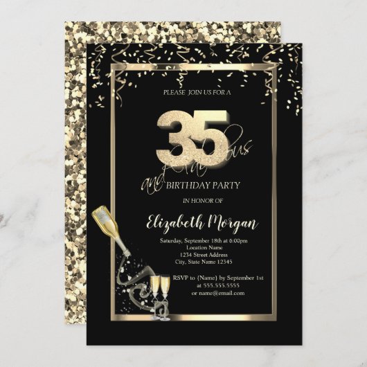 Gouden pailletten, Wijnglazen fles 35e verjaardag Kaart (Voorkant / Achterkant)