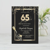 Gouden pailletten, Wijnglazen fles 65e verjaardag Kaart (Staand voorkant)