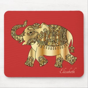 Gouden paisley bloemenool met olifant, rood - Pers Muismat