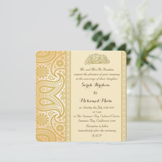Gouden paisley moslim bruiloft kaart (Staand voorkant)