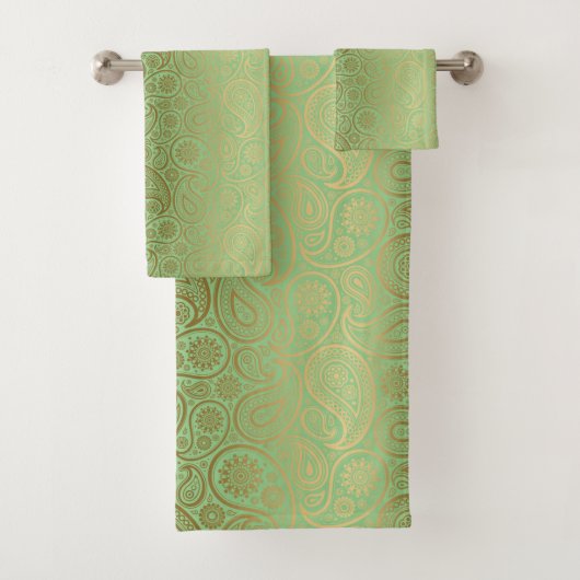 Gouden paisley patroon groene achtergrond bad handdoek (Insitu)