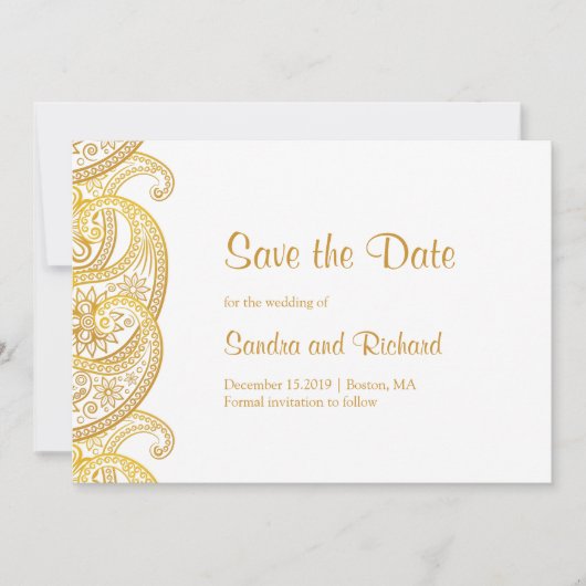 Gouden Paisley Traditionele Indiase Trouwdag Save The Date (Voorkant)