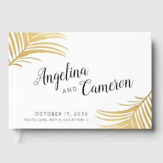 Gouden palm bladeren moderne tropische bruiloft gastenboek (Voorkant)