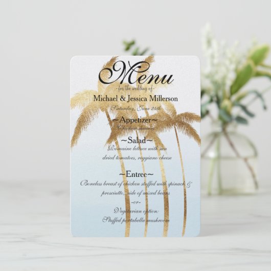 Gouden Palm Bomen Ombre Bruiloft Menu (Staand voorkant)