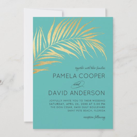 Gouden Palm Frond Moderne minimalistische bruiloft Kaart (Voorkant)