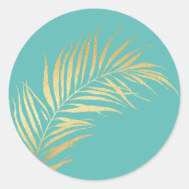 Gouden Palm Frond op Caribische Blauwe Achtergrond Ronde Sticker