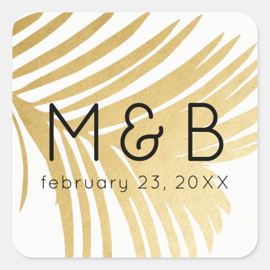 Gouden Palm Leaf Feather Modern Beach bruiloft gun Vierkante Sticker (Voorkant)