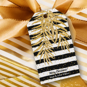 Gouden palm op zwart-wit gestreepte achtergrond cadeaulabel