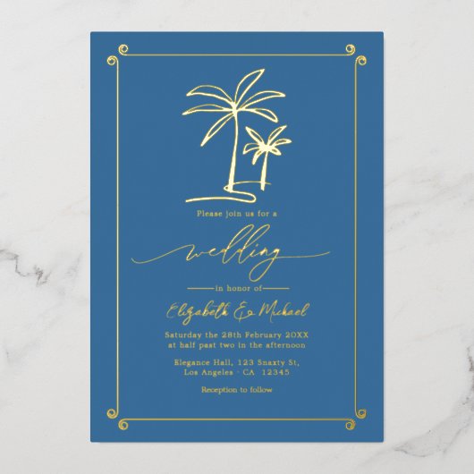 Gouden Palm Tree Coastal Chic Wedding Folie Uitnodiging (Voorkant)