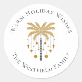Gouden Palm Tree Warme Vakantie Wensen Ronde Sticker (Voorkant)