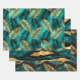 Gouden Palmbladeren met Turquoise en Zwart Abstrac Inpakpapier Vel