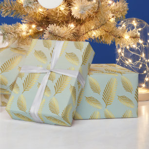 Gouden Palmbladeren Patroon En Schaduw Van Blauw Cadeaupapier