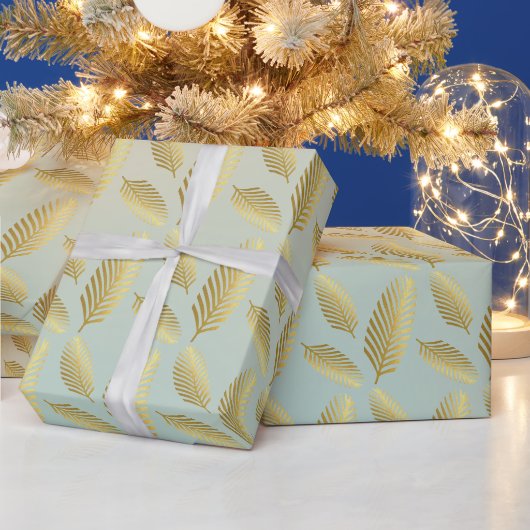 Gouden Palmbladeren Patroon En Schaduw Van Blauw Cadeaupapier (Feestdagen)