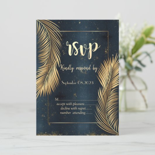Gouden Palmbladeren Strand Bruiloft RSVP   Kaart (Staand voorkant)