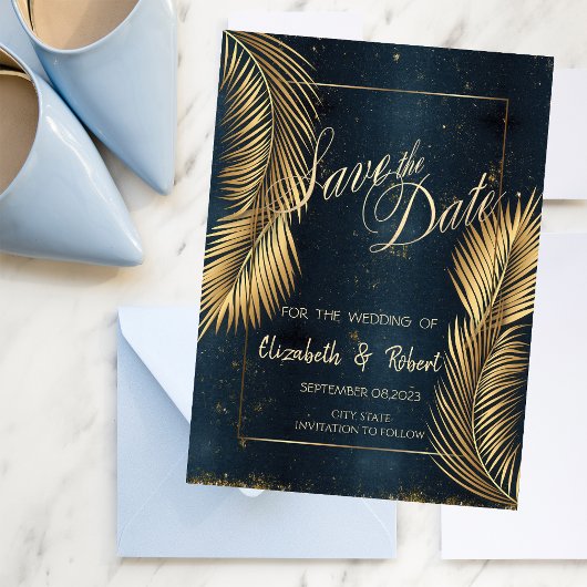 Gouden Palmbladeren Strand Bruiloft Save The Date