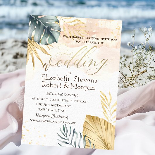 Gouden Palmbladeren Strand Trouwkaart Kaart