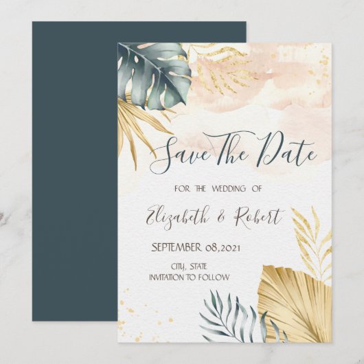 Gouden Palmbladeren Waterverf Bewaar de Datum Save The Date (Voorkant / Achterkant)