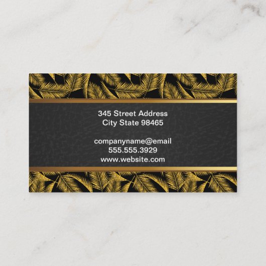 Gouden Palmbladeren | Zwarte Leren Gouden Afwerkin Visitekaartje (Achterkant)