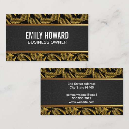 Gouden Palmbladeren | Zwarte Leren Gouden Afwerkin Visitekaartje (Voorkant / Achterkant)