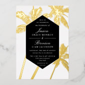 gouden palmbomen verfijnde tropische bruiloft folie uitnodiging (Voorkant)