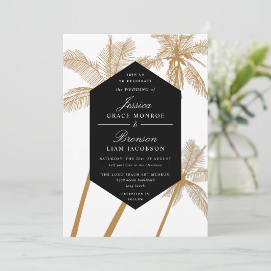 gouden palmbomen verfijnde tropische bruiloft kaart (Staand voorkant)