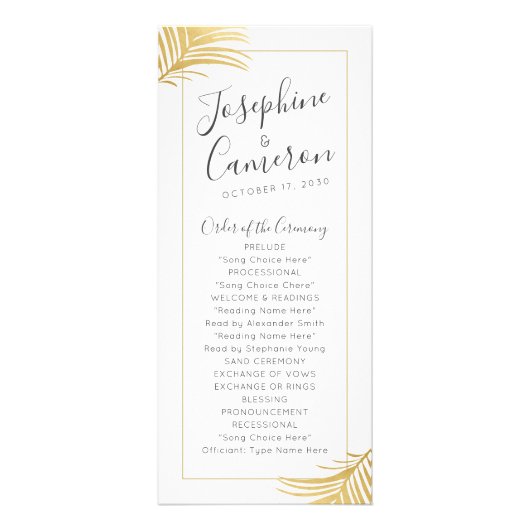 Gouden palmboom bladeren tropische bruiloft progra reclamekaart (Voorkant)
