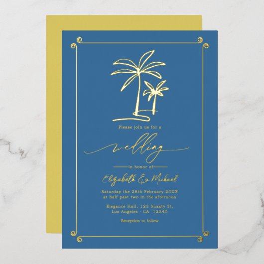 Gouden Palmboom Kust Chic Bruiloft Folie Uitnodiging (Voorkant / Achterkant)
