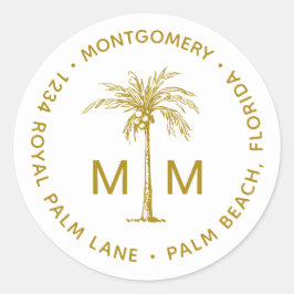Gouden Palmboom Monogram Tropisch Retouradres Ronde Sticker