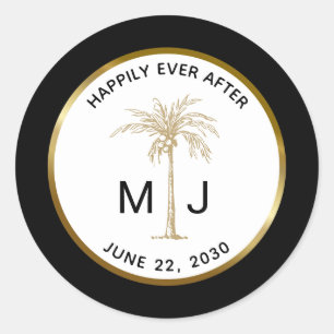 Gouden Palmboom Monogram Tropische Bruiloft Ronde Sticker