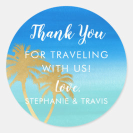 Gouden palmboom op blauw Waterverf strand bruiloft Ronde Sticker