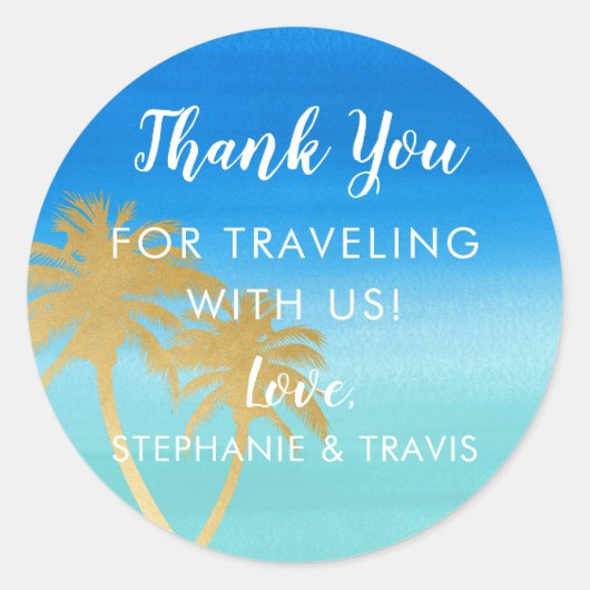 Gouden palmboom op blauw Waterverf strand bruiloft Ronde Sticker (Voorkant)