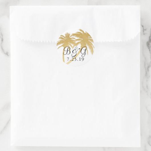Gouden palmboom Tropisch strand Monogram Favor Lab Ronde Sticker (Tas)