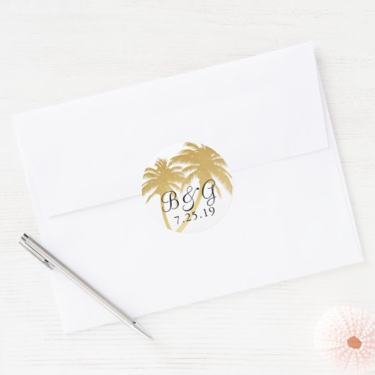 Gouden palmboom Tropisch strand Monogram Favor Lab Ronde Sticker (Envelop)