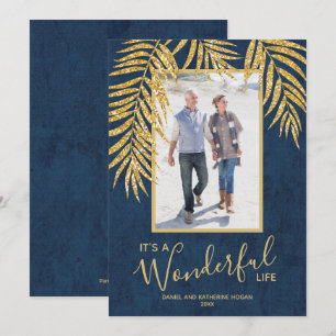 Gouden palmen op blauwe kerstfoto feestdagenkaart
