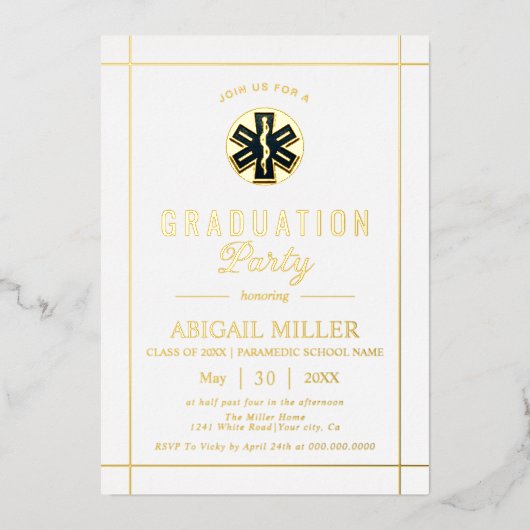 Gouden paramedische EMT-klasse van 2025 wit afstud Folie Uitnodiging (Voorkant)